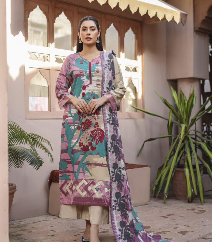 3 piece Dhanak Suit-Embroidered (Pret)