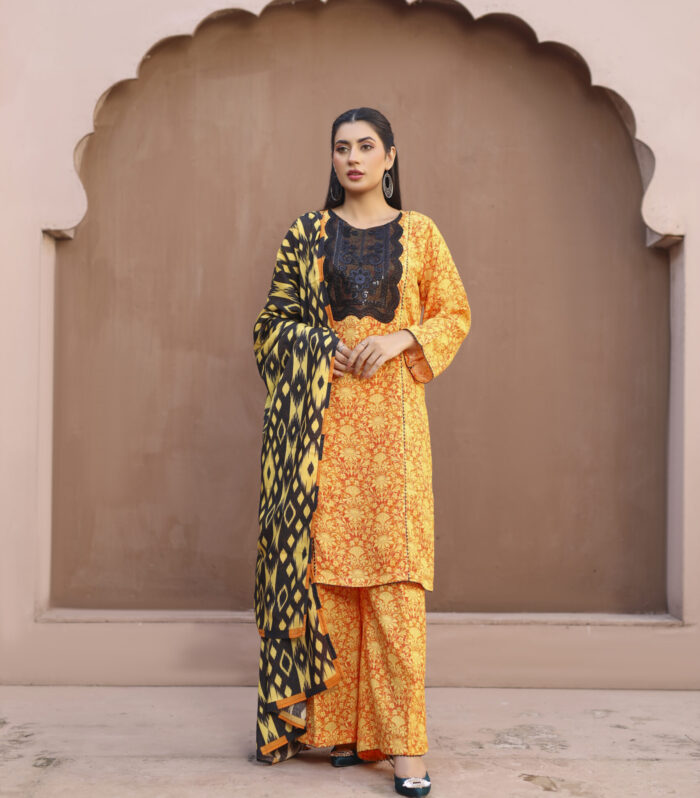 3 piece Karandi Suit-Embroidered (Pret)